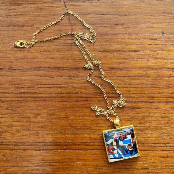 Square Red White and Blue Vintage US Postal Stamp Pendant Necklace 24" Chain - Picture 3 of 6